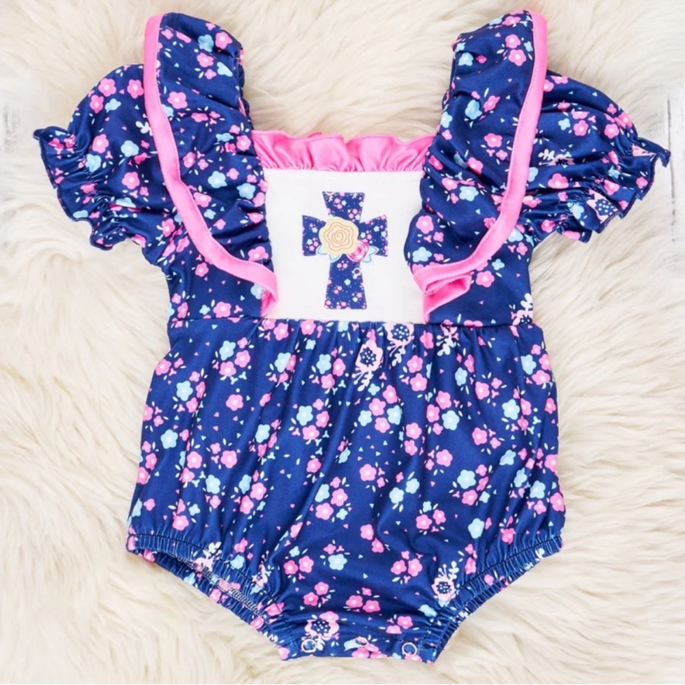 Marie Nicole Baby Girl Floral Cross Ruffle Bubble Romper 6/12 months blue floral